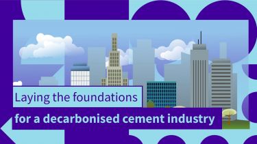 Drawing of a city with overlaying text: Laying the foundations for a decarbonised cement industry 