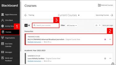 Blackboard course interface. The courses tab in the left-hand menu, a course name and the search your courses field are highlighted 