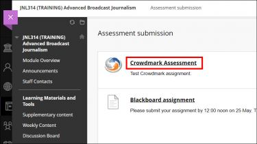 Blackboard course interface with Crowdmark assessment link highlighted.