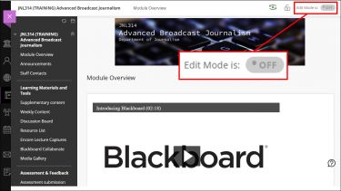 Blackboard course interface. The Edit Mode toggle is highlighted.