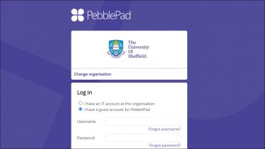 PebblePad login screen with "I have a guest account for PebblePad" option selected