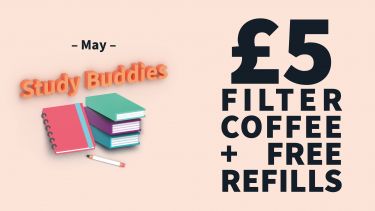 A graphic that reads "£5 filter coffee plus free refills"