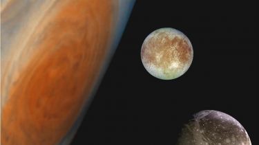 An image of Jupiter and its largest moons
