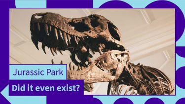 A photo for a dinosaur skeleton with the text: Jurassic Park. Did it even exist? 