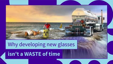 An image of radioactive waste with the text: Why developing new glasses isn't a WASTE of time