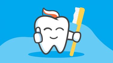 Illustration of a smiling tooth, holding a toothbrush and giving a thumbs-up.
