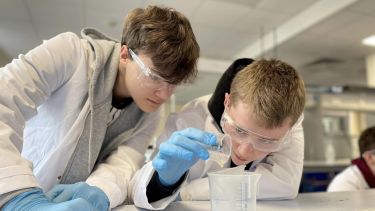Two male young students work together on a science project. 