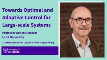 Graphic with text 'Towards Optimal and Adaptive Control for Large-scale Systems Professor Anders Rantzer Lund University 11th Harry Nicholson Lecture in Control Engineering' and photo of Anders Rantzer