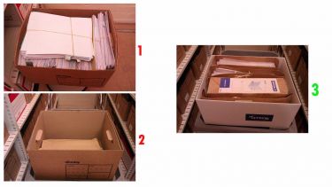 three boxes containing records. One is overfilled, the second almost empty, and the third is well organised.