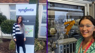 Two pictures of Eleanor, one outside of the Syngenta sign and one smiling in a lab