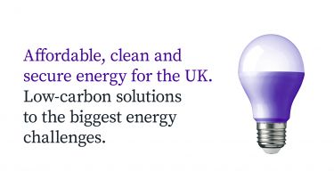 A lightbulb alongside text which reads 'Affordable, clean and secure energy for the UK. Low-carbon solutions to the biggest energy challenges.'