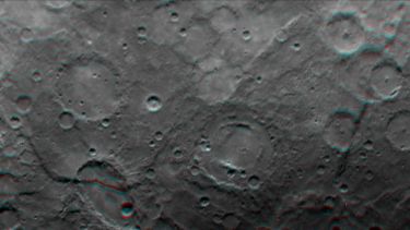 An image showing part of the region of Mercury covered by the ESA flyover sequence, reconstructed as a 3D anaglyph