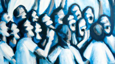 Abstract blue and white painting of people singing