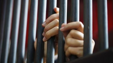 The image is a close-up of two hands wrapped around the bars of a prison cell.