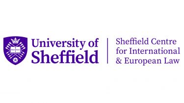 University of Sheffield logo with the Sheffield Centre for International and European Law name next to it. The whole logo is monochrome in Violet.