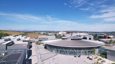 An aerial view of the University of Sheffield Innovation District featuring the Factory 2050 building