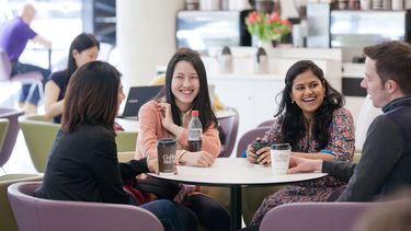 Postgraduate students talking around table