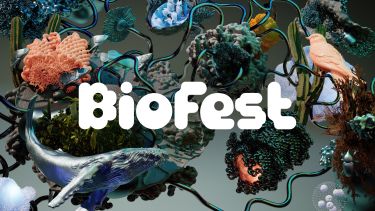 Abstract illustration depicting life at different scales, from individual proteins to whole animals and plants - overlaid with text reading 'BioFest'