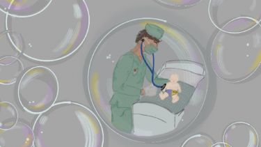 Artwork from the "Intersex rights: untouchable legal bubbles" poster. A doctor in scrubs holing a stethoscope to to a baby in a cot inside a bubble. Image is hand drawn.  