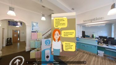 A screenshot from the interactive ELTC SpLD Service experience showing a cartoon staff member surrounded by speech bubbles containing general information about the service imposed over a 3d image of the 301 building reception desk.