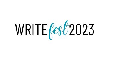 Logo with black and teal text stating WriteFest 2023 