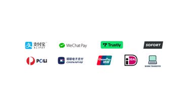A collection of nine logos depicting the different payment options accepted by Convera: 'Alipay', 'WeChatPay', 'Trustly', 'Sofort', 'Poli', 'ChinaPay', 'UnionPay', 'iDeal' and 'Bank transfer'