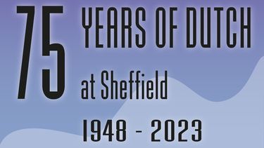written on a blue background: 75 years of Dutch at Sheffield