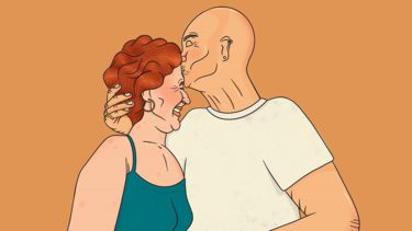 A cartoon which shows an older man kissing an older woman's forehead.