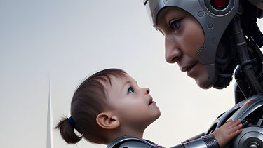 AI generated image of two robot/human hybrids - a small child looking up at an adult 