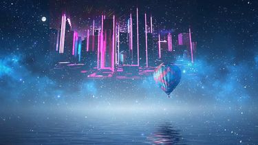 Futuristic image of an air balloon floating over an imaginary landscape