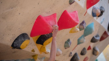 Climbing wall with a hand holding onto a climbing hold