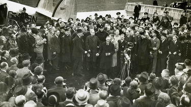 Neville Chamberlain addressing the crowds following the Munich Agreement