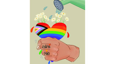 Graphic drawn on a PC used for the posters for this lecture. Contains a watering can watering daises grown on a heart with the LGBTQ+ rainbow colours. The Heart is being clenched by a fist with 'Shame' and 'Pain' written on the second and third fingers.   