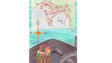 The poster image for Trans History Through Colonial Photography. Image of India with blood drops on it. towards the bottom of the picture there is a wooden boat with an old fashioned camera. and compass points just above the boat. There is also a ships wheel in the bottom right of the picture. The map is not historically accurate. 