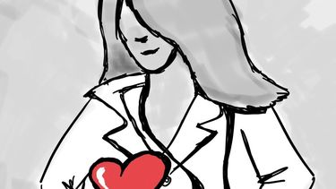 Illustration of a doctor with in greyscale, with a red heart on top 