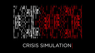 Red and white pixelated squares and text: 'CRISIS SIMULATION'.