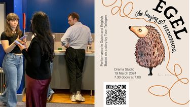 half of the image is 3 students acting and the left handside is the play's poster with the title Egel (the longing of) Hedgehog