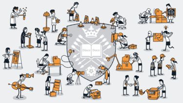 A graphic of lots of hand-drawn cartoon technicians doing various tasks, with the University crest in the centre.