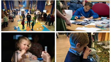 A collage of images showing children interacting with exhibits at BioFest