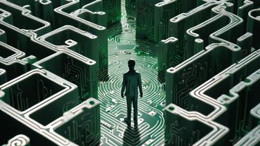 A figure standing in a maze made out of a printed circuit board