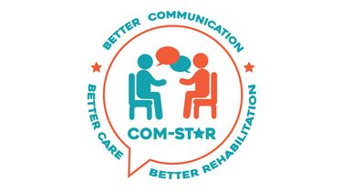 Logo for COM-STAR, with two figures talking surrounded by the words "Better communication, Better rehabilitation, Better care"