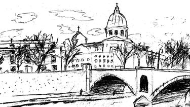 Sketch of an encampment of homeless people by the River Tiber in Rome, from Will Haynes’s ethnographic research diary.