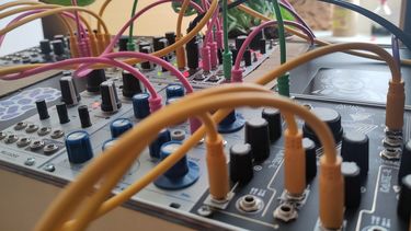 An image of a modular synthesiser with colourful cables and a plant in the background