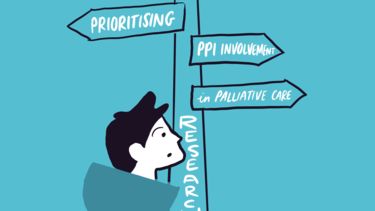 Cartoon person looking at a sign that reads 'prioritising ppi involvement in palliative care'