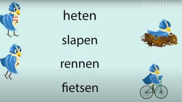 four cartoons expressing the dutch verbs heten, slapen, rennen fietsen, to be called, to sleep, to run, to cycle