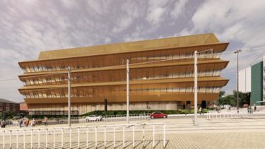 Architectural impression of new 5 storey building with lots of glazing and gold coloured aluminium facade 2