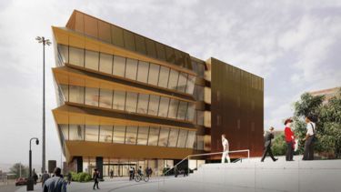 Architectural impression of new 5 storey building with lots of glazing and gold coloured aluminium facade 3