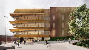 Architectural impression of new 5 storey building with lots of glazing and gold coloured aluminium facade 4