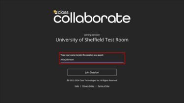 Screenshot of the login page for a Test Room in Blackboard Collaborate