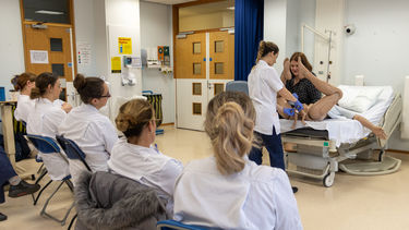 A group of students watch another student practicing a delivery with a simulated patient.